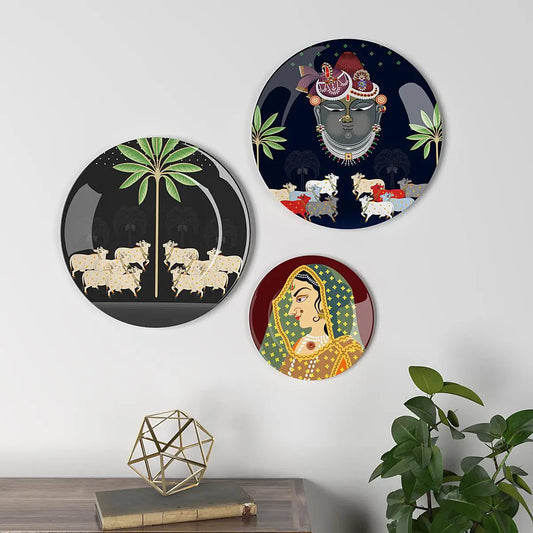 Homscape - Decorative Wall Plates In Radha Krishna Pichhwai Design Set Of 3