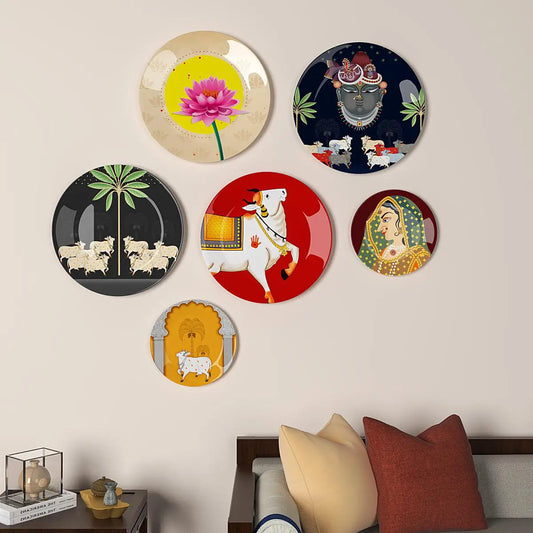 Homscape - Decorative Wall Plates In Radha Krishna Artistic Pichhwai Design Set Of 6